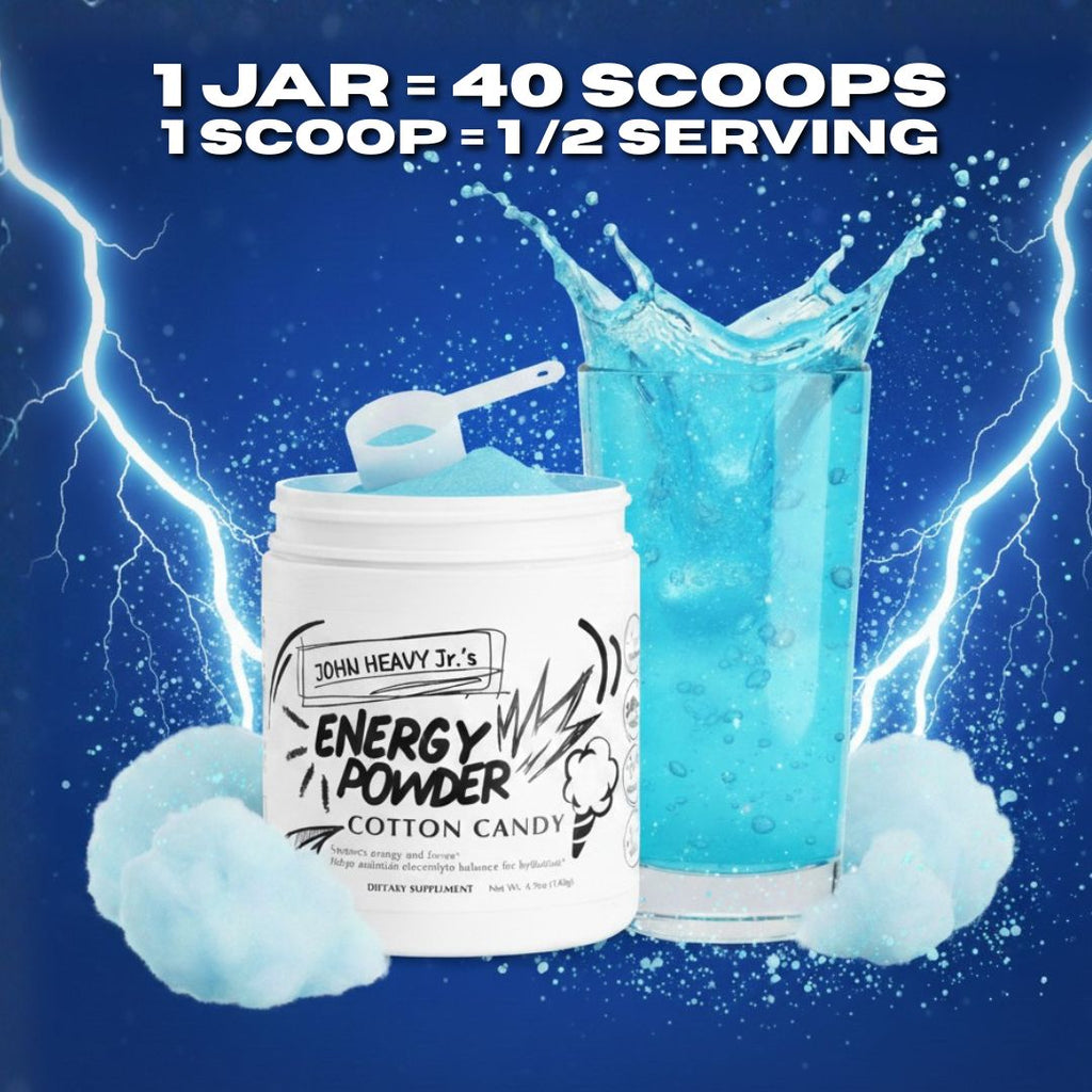 Energy powder container with a glass of cotton candy-flavored drink on a blue background with lightning effects.