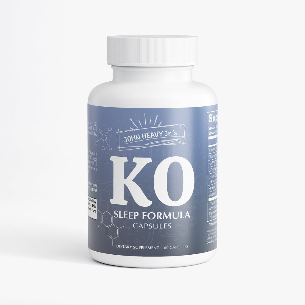 Bottle of KO Sleep Formula capsules by John Heavy Jr. on a white background
