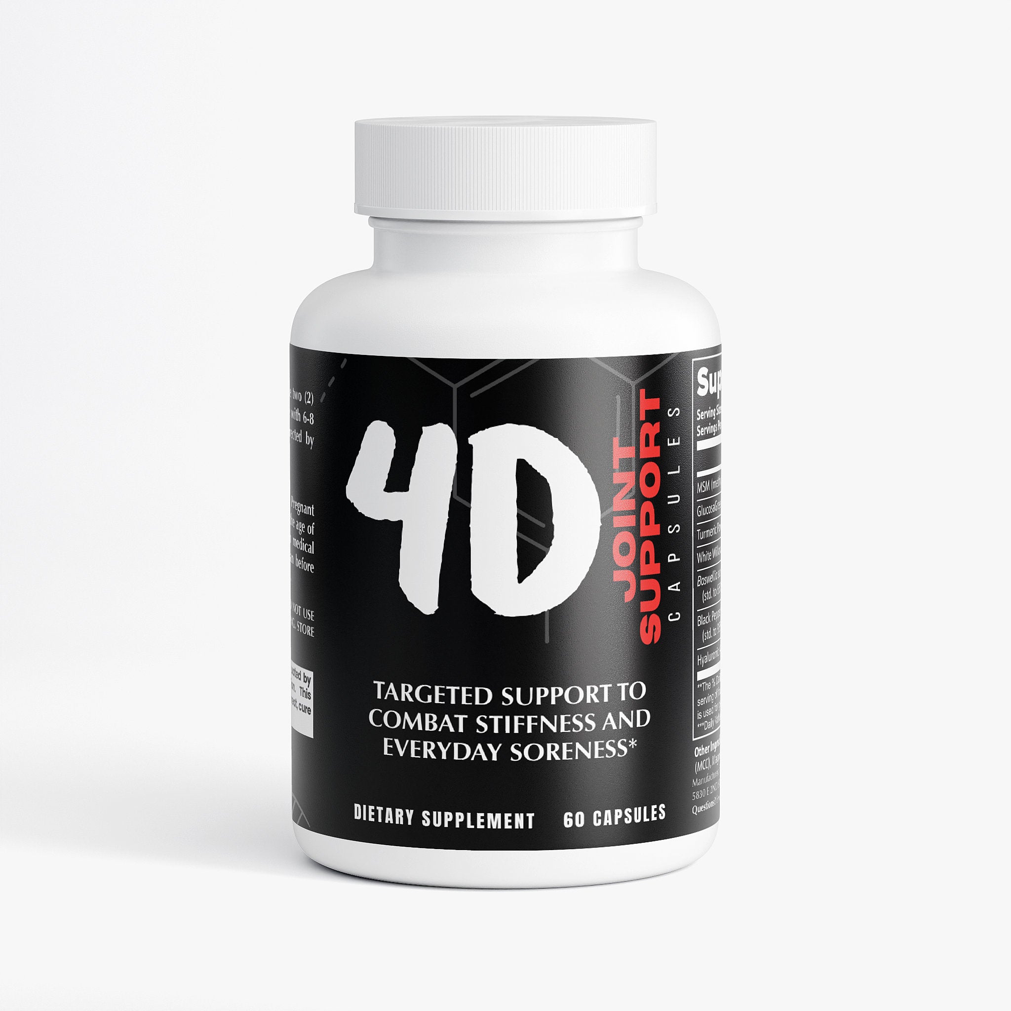 Supplement bottle labeled '4D Joint Support' on a white background