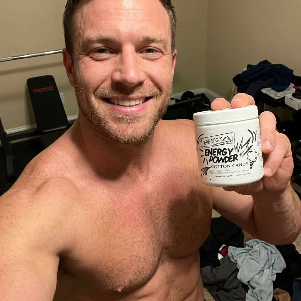 Man holding a container of 'Energy Powder' in a casual setting