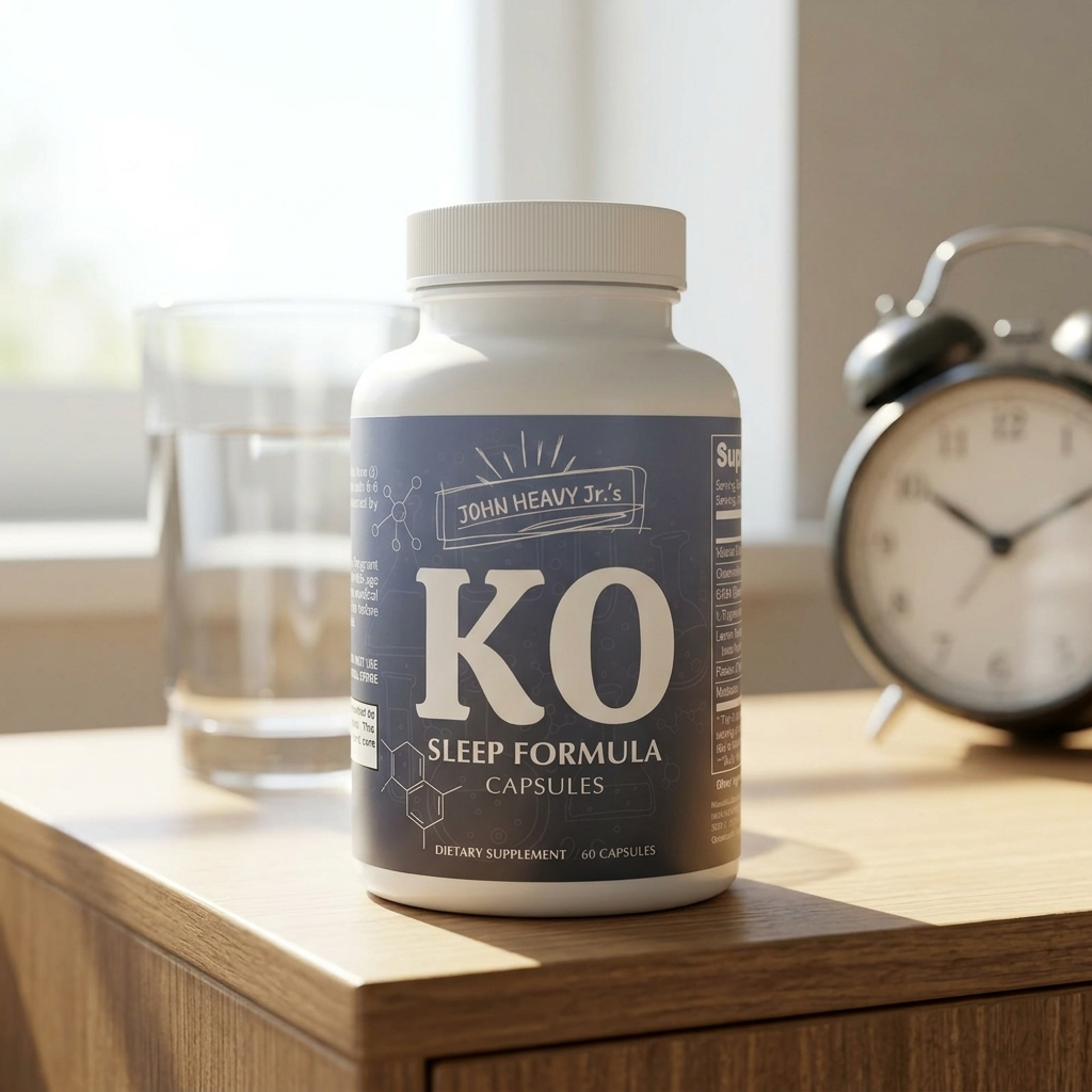 Bottle of KO Sleep Formula capsules on a wooden surface with an alarm clock and glass in the background.