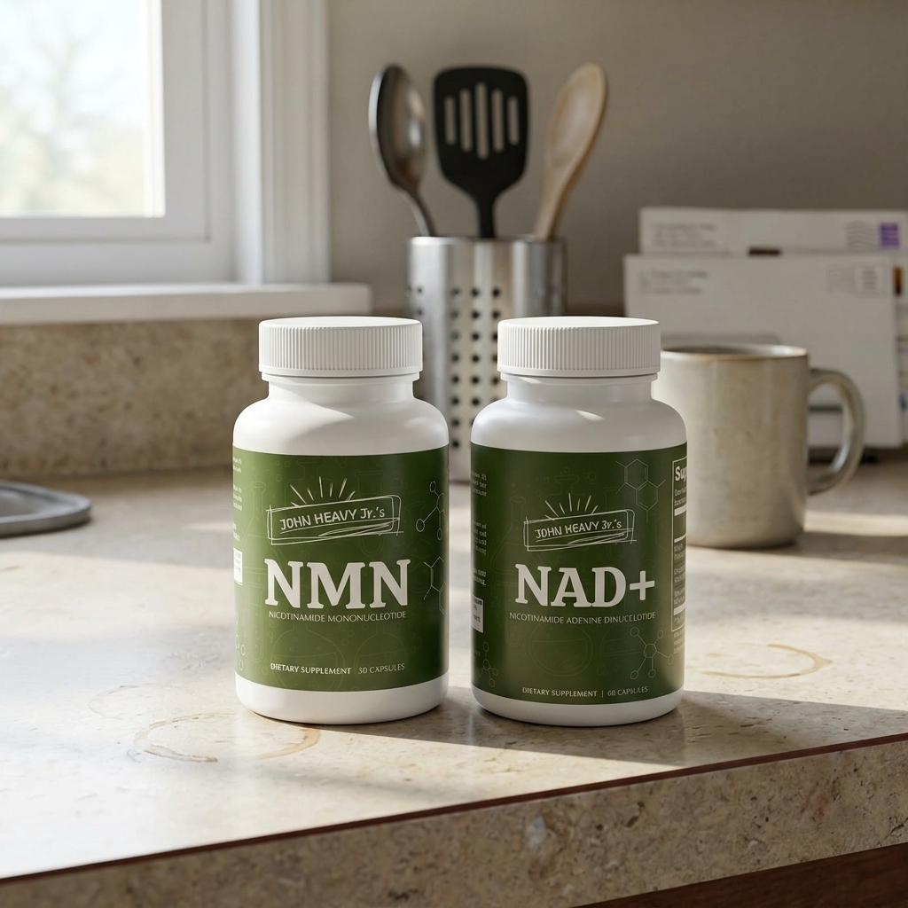Two bottles labeled 'NMN' and 'NAD+' on a kitchen counter.