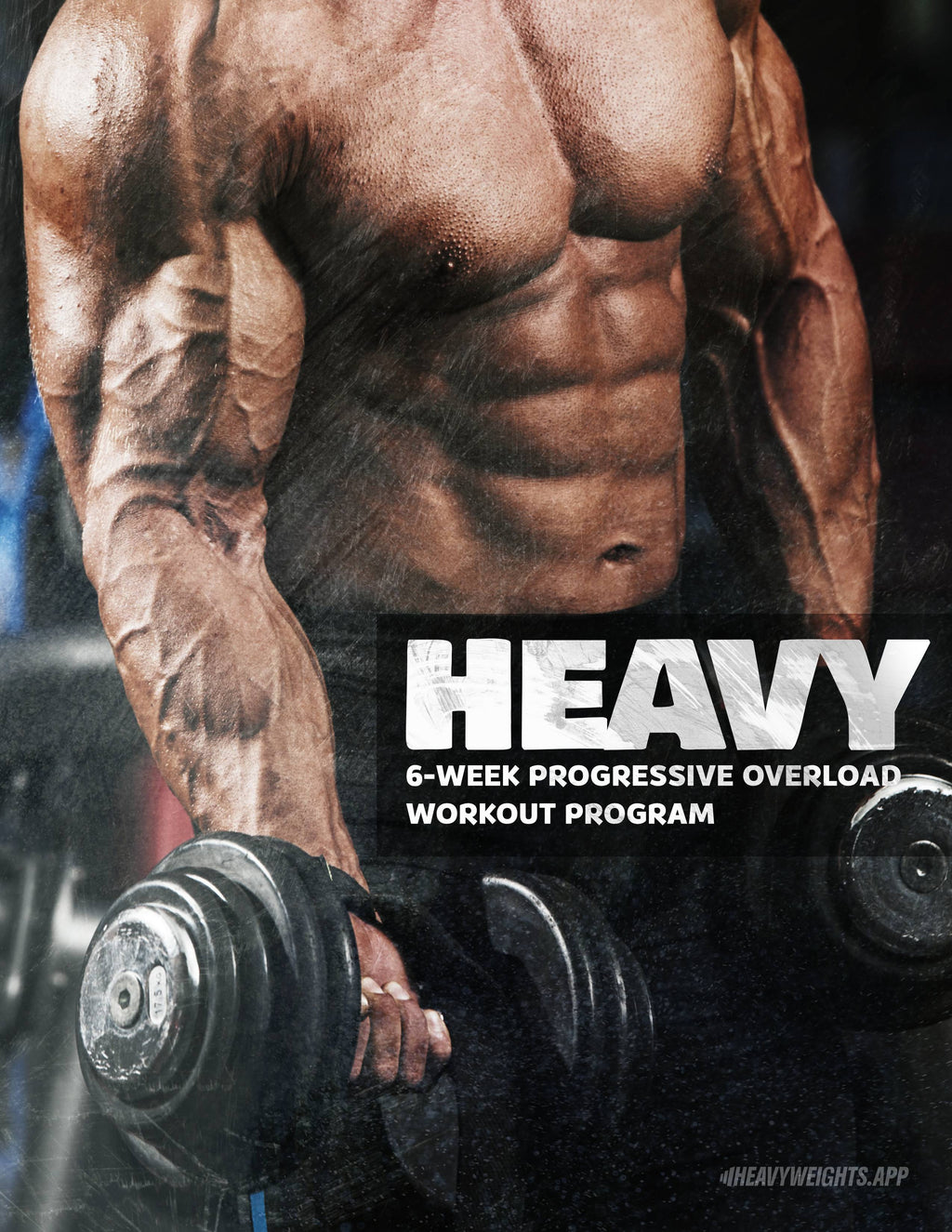 Muscular person holding a dumbbell with 'HEAVY' workout program text overlay