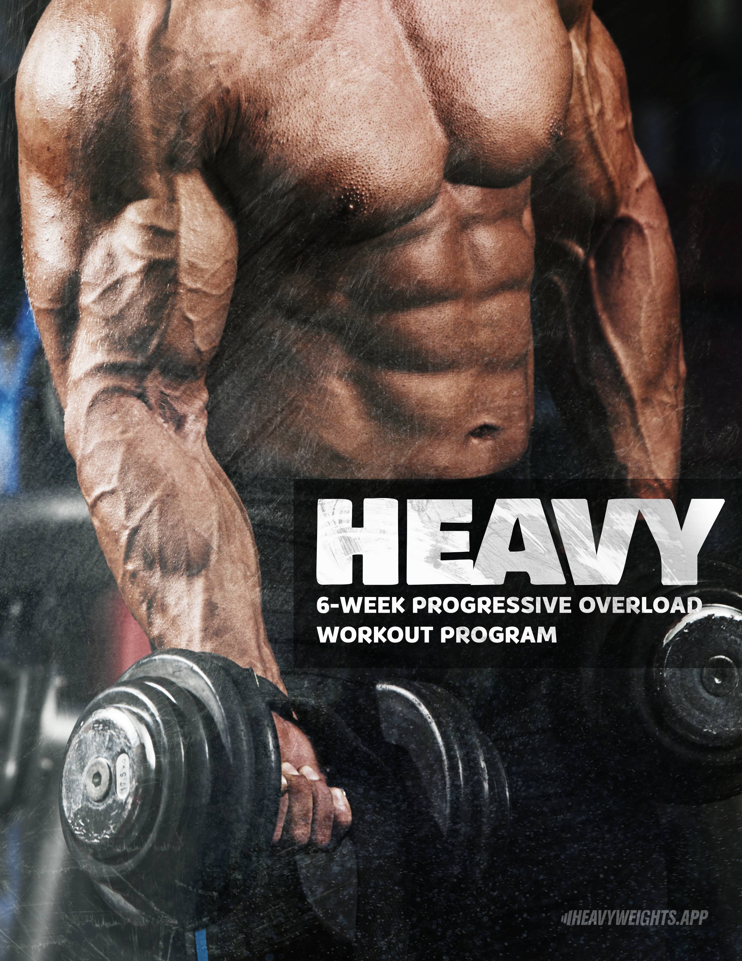 Muscular person holding a dumbbell with 'HEAVY' workout program text overlay