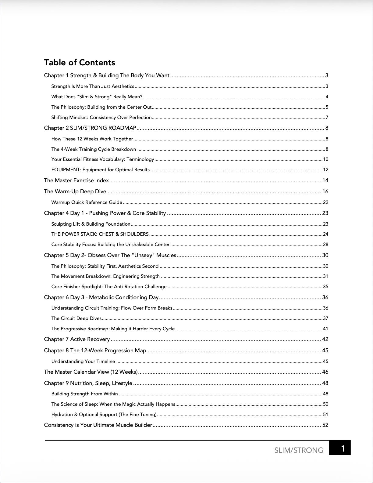 Table of contents for a fitness or bodybuilding guide on a white background