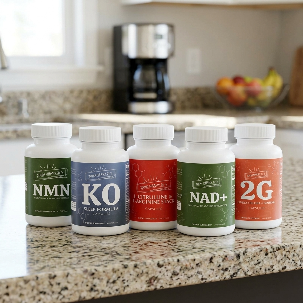 Five supplement bottles on a kitchen counter with a coffee maker and fruit bowl in the background.