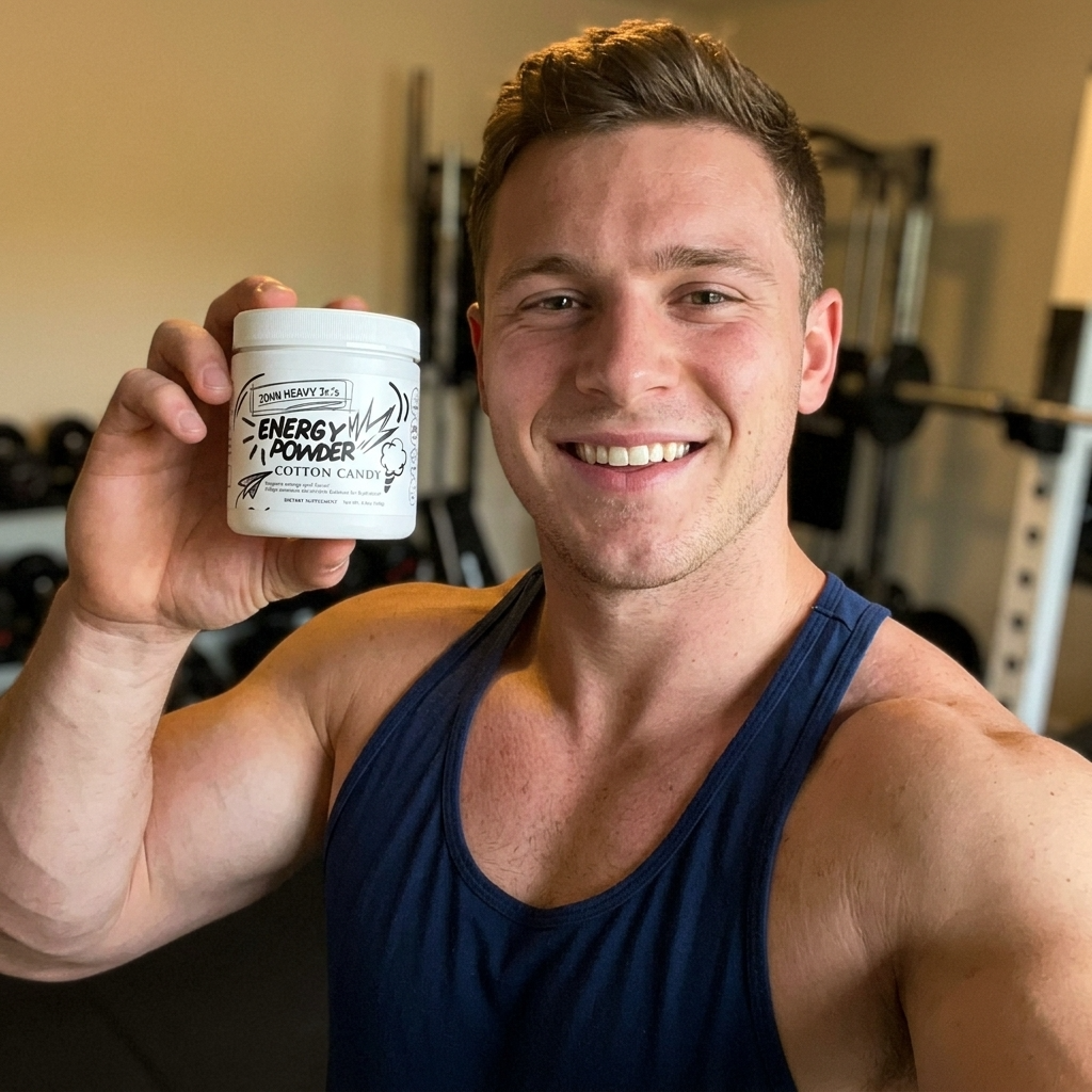 Man holding a container of 'Energy Powder' in a gym setting