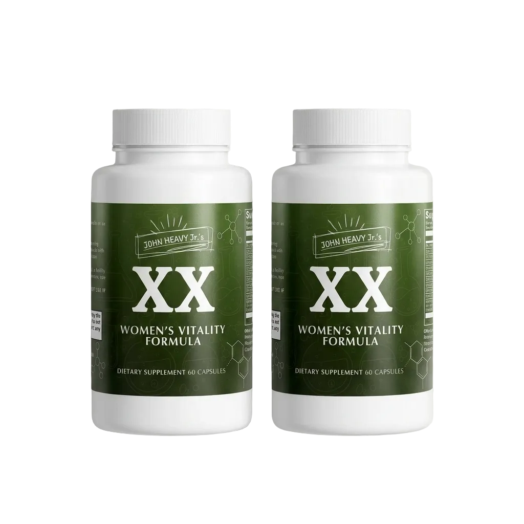 Two bottles of 'XX Women's Vitality Formula' dietary supplements on a light gray background.