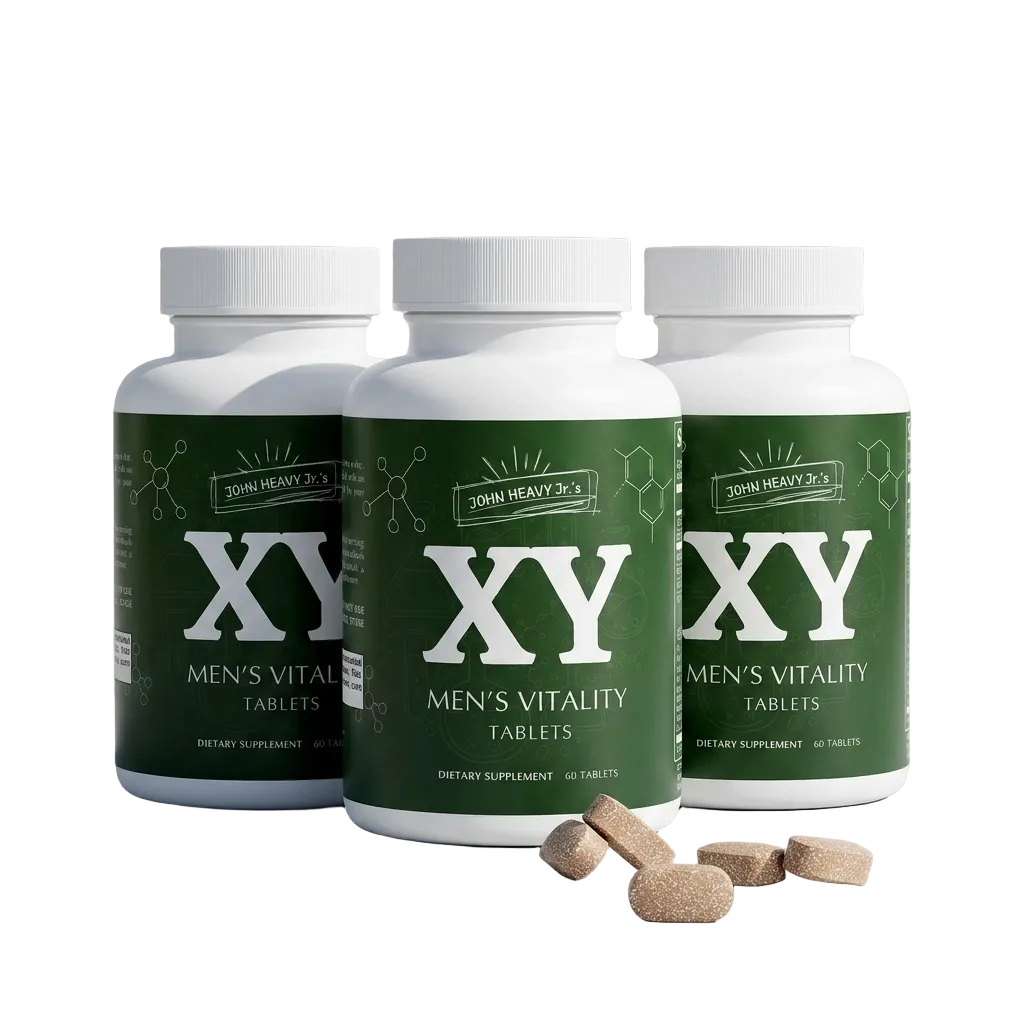 Three bottles of XY Men's Vitality Tablets on a light gray background