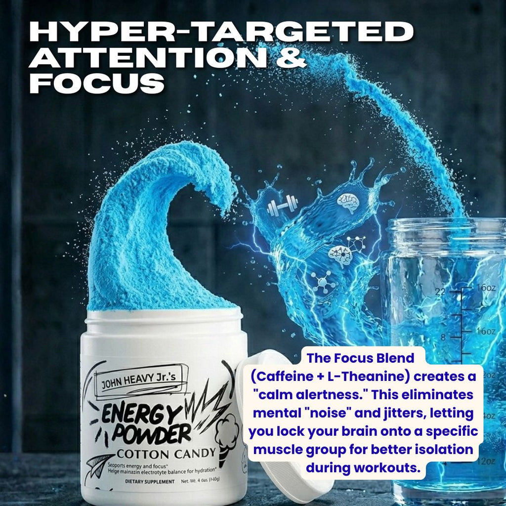 Energy powder container with blue powder spilling out, labeled 'Cotton Candy' and 'John Heavy Jr.'s Energy Powder'.