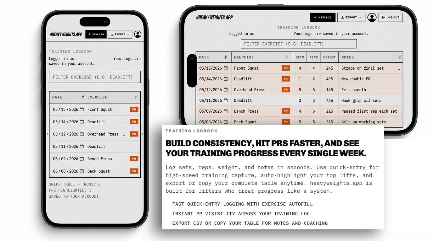 Two smartphone screens displaying the heavyweights.app logbook fitness tracking app with exercise logs and progress.