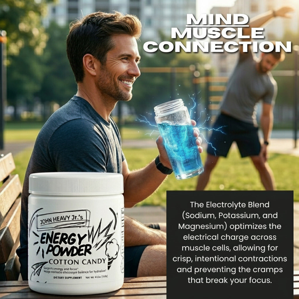 Man holding a blue energy drink with a supplement container labeled 'John Heavy Jr.' on a park bench.